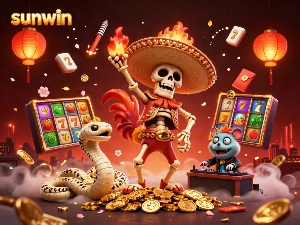 Experience the thrill of sunwin with a victory dance featuring vibrant characters and casino elements.