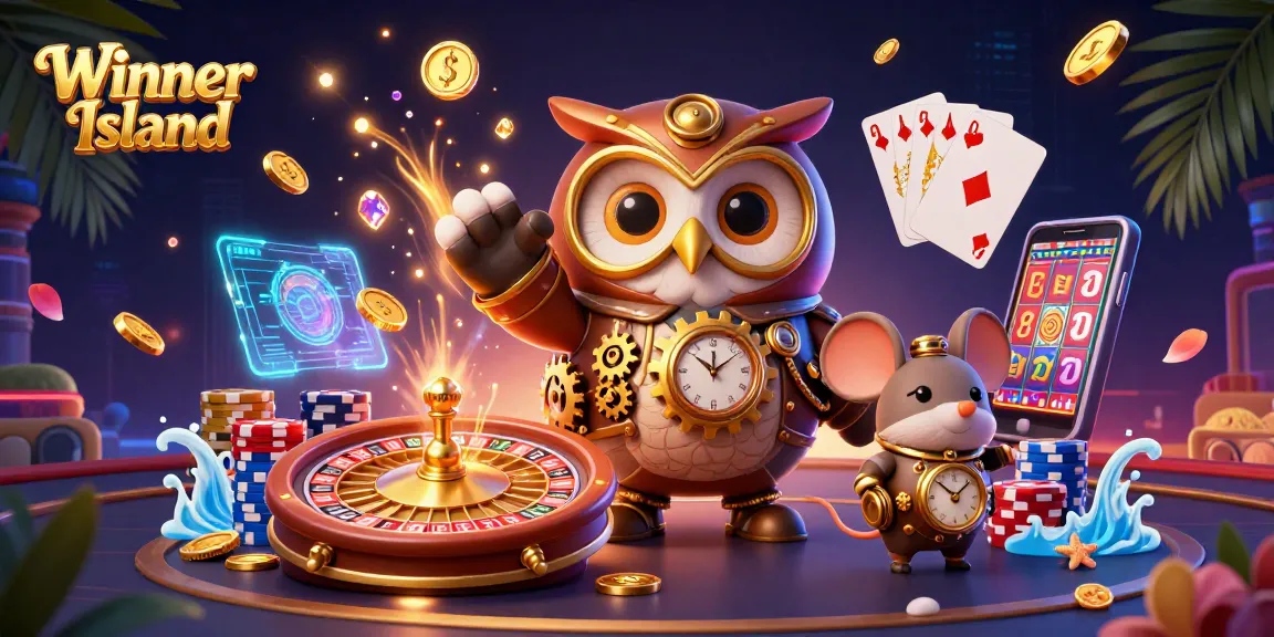Experience thrilling gameplay at Winner Island casino with steampunk owl amidst vibrant casino elements.