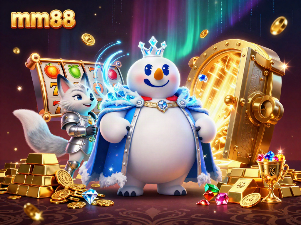 Engage with mm88's exciting slot games, featuring vibrant elements like golden treasures and animated characters.