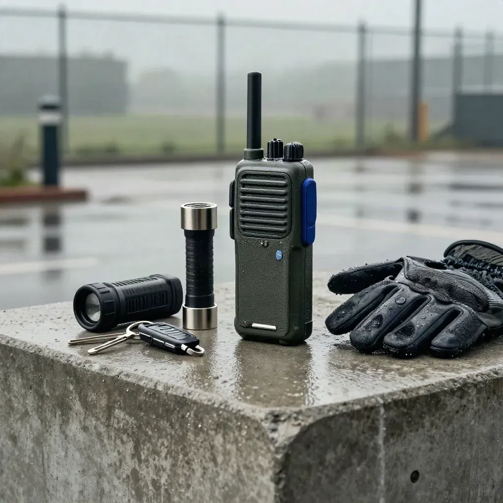 Rugged portofoon met zaklamp, batterij, sleutelhangers en handschoenen op nat beton na regen.