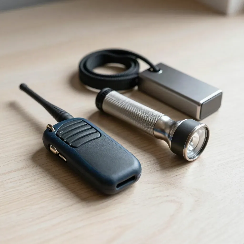Een securityset met sleutelhanger, portofoon en inspectielamp op licht hout.