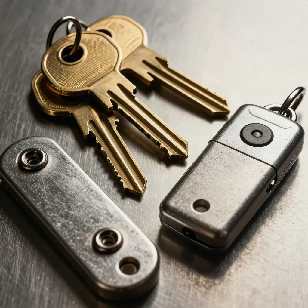 Brass sleutels, slotkern, deurgrendels en toegangsfob op geborsteld staal.