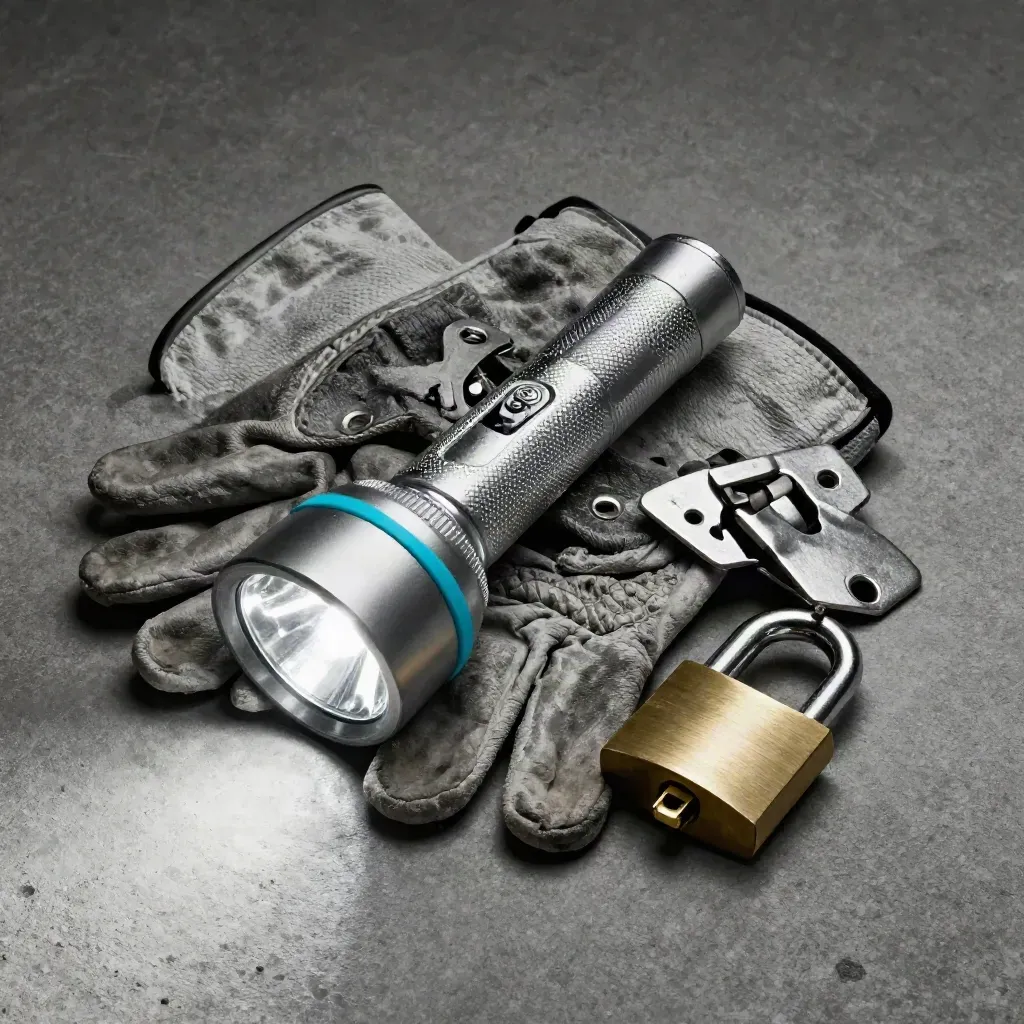 Top-down stilleven van inspectietool: zaklamp, handschoen, scharnier en slotkern op beton.