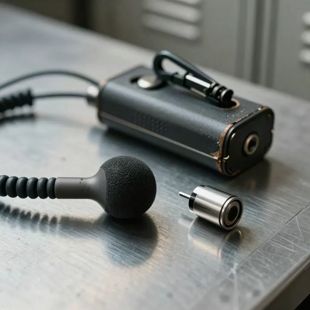 Close-up van security-uitrusting op metaal: oortje, batterij, clip en sleutelkern.