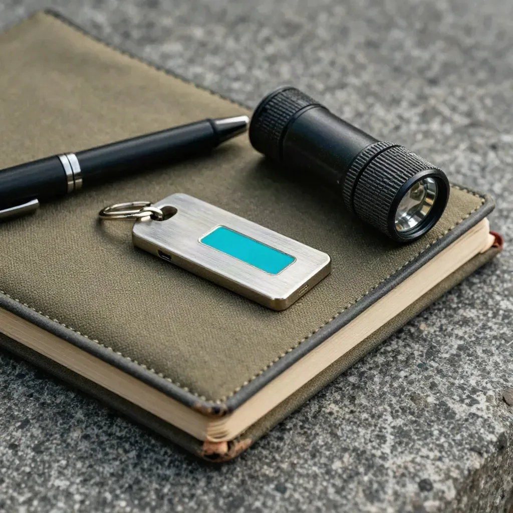 Patrolnotitieboek, pen, sleutelhanger en zaklamp op steen met subtiel cyan accent.