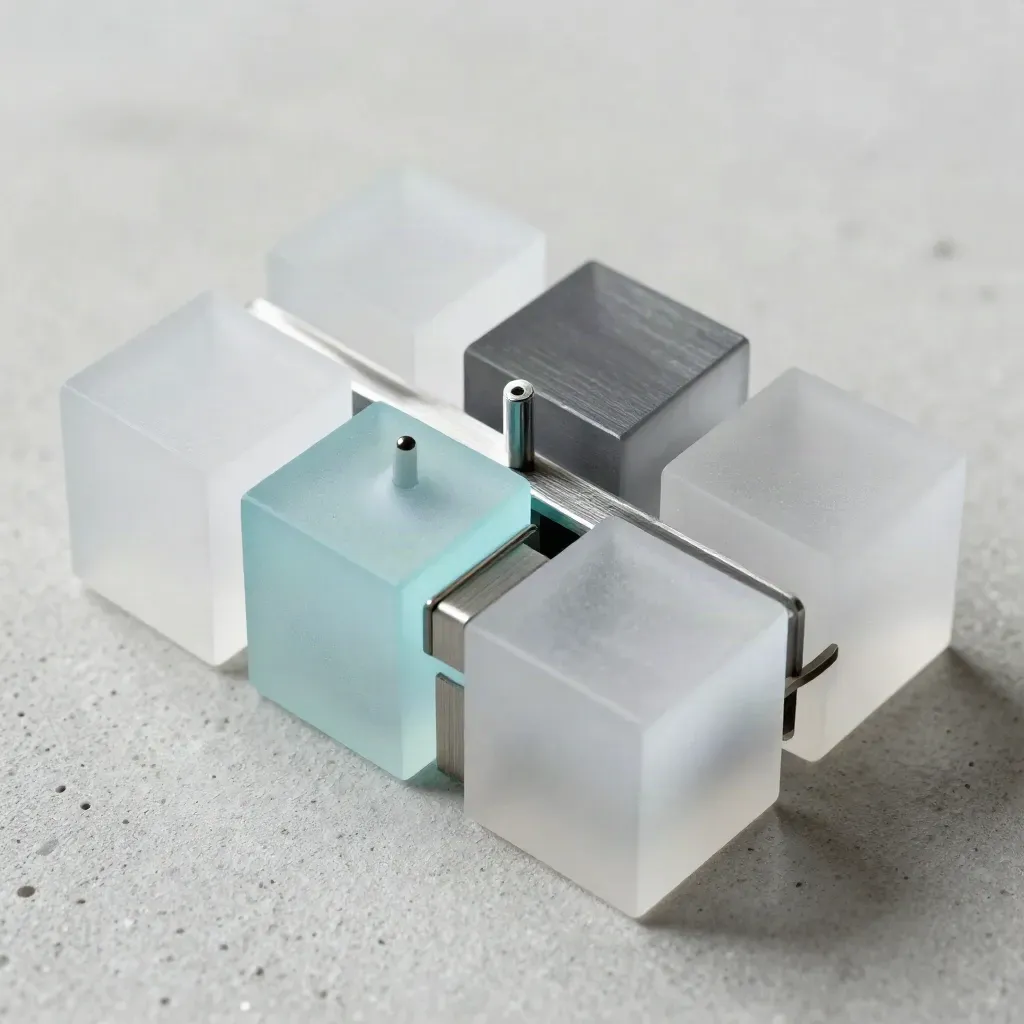 Top-down close-up van frosted blokken, metalen spacer en pin op licht beton