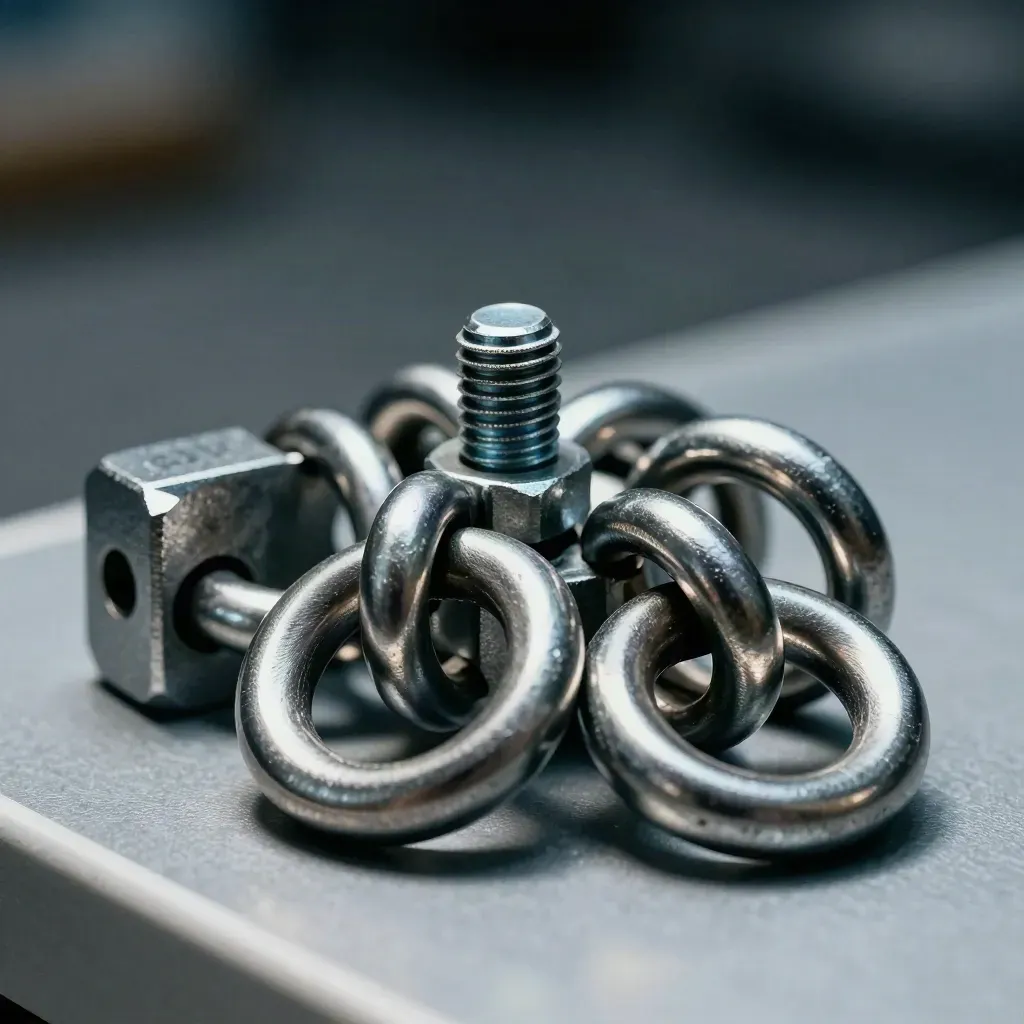 Metalen ringen, bracket en boutjes op geborsteld staal in dramatisch licht.