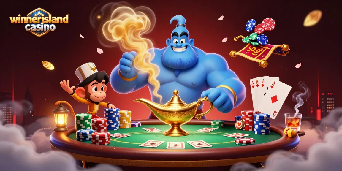 Experience the magic at winnerisland casino with a vibrant 3D scene featuring a genie, poker chips, and cards.