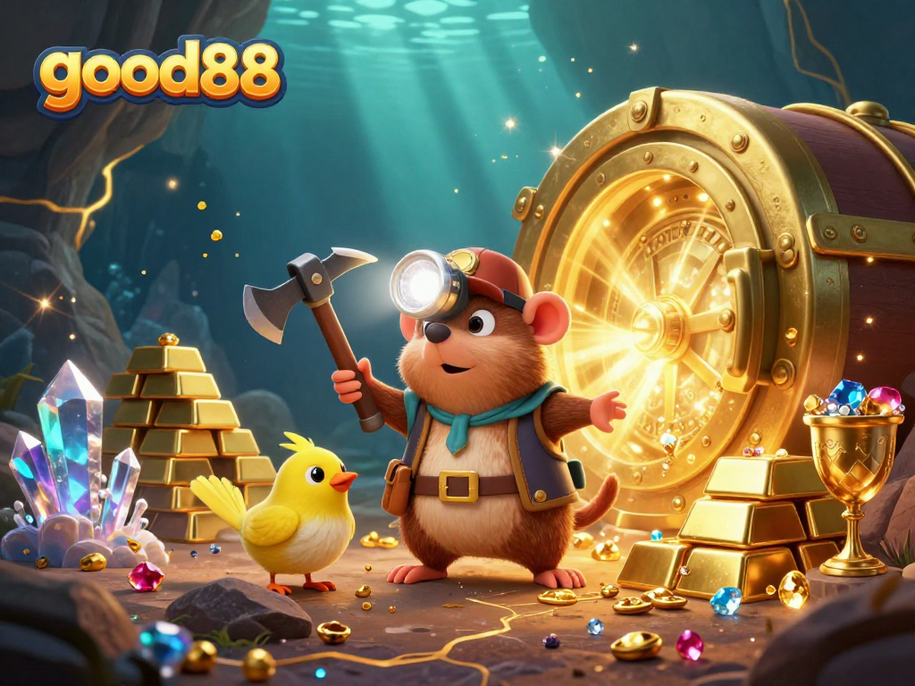 Experience excitement at good88 with a vibrant treasure hunt illustration showcasing thrilling gaming treasures and golden riches.