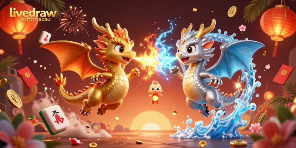 Menampilkan hasil live draw toto macau dengan ornamen naga dan elemen judi berwarna cerah.