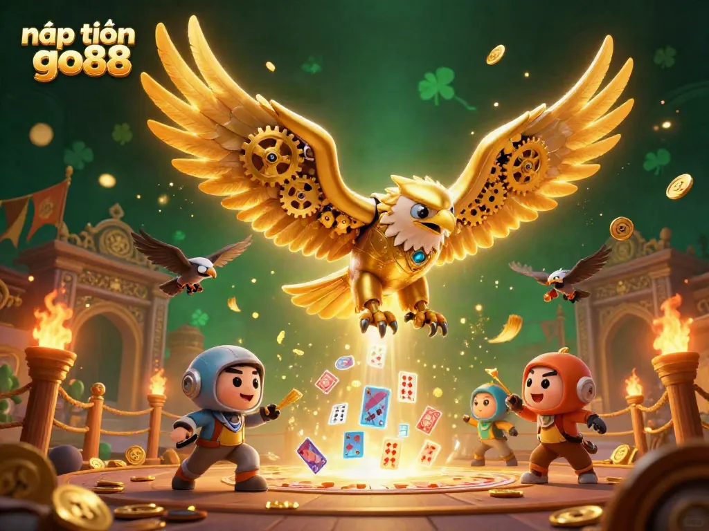 Experience nạp tiền go88 with a vibrant 3D illustration featuring a cybernetic eagle soaring through casino elements.