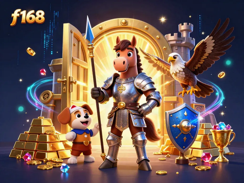 Experience thrilling gaming with f168's exciting treasures and characters in a vibrant 3D scene.