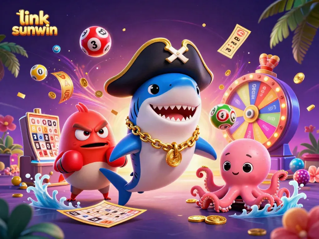 Win big with link sunwin in a vibrant casino scene featuring cartoon characters celebrating prizes.