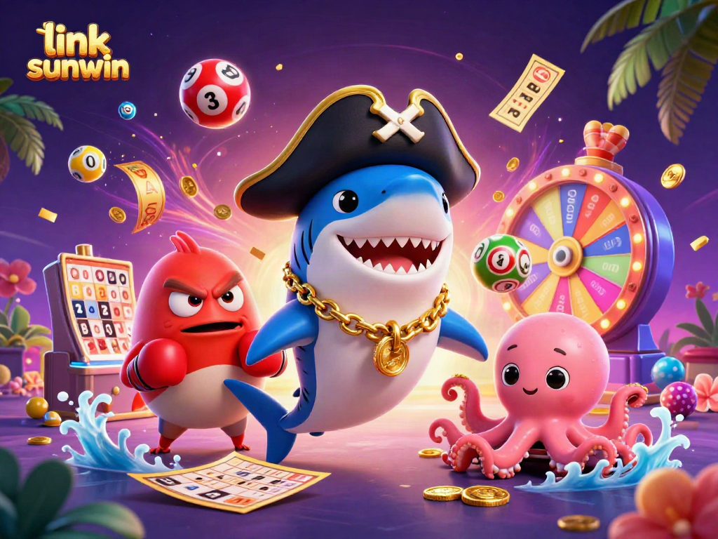 Win big with link sunwin in a vibrant casino scene featuring cartoon characters celebrating prizes.