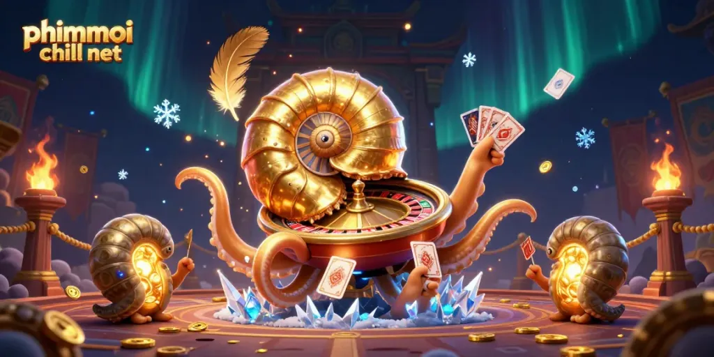 Engage with phimmoi chill net's thrilling casino scene featuring a giant nautilus roulette wheel and vibrant game elements.