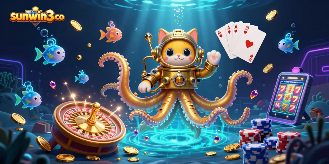 Win big with sunwin3 co while encountering a colossal kraken and diving cat amidst a treasure-filled jackpot scene.