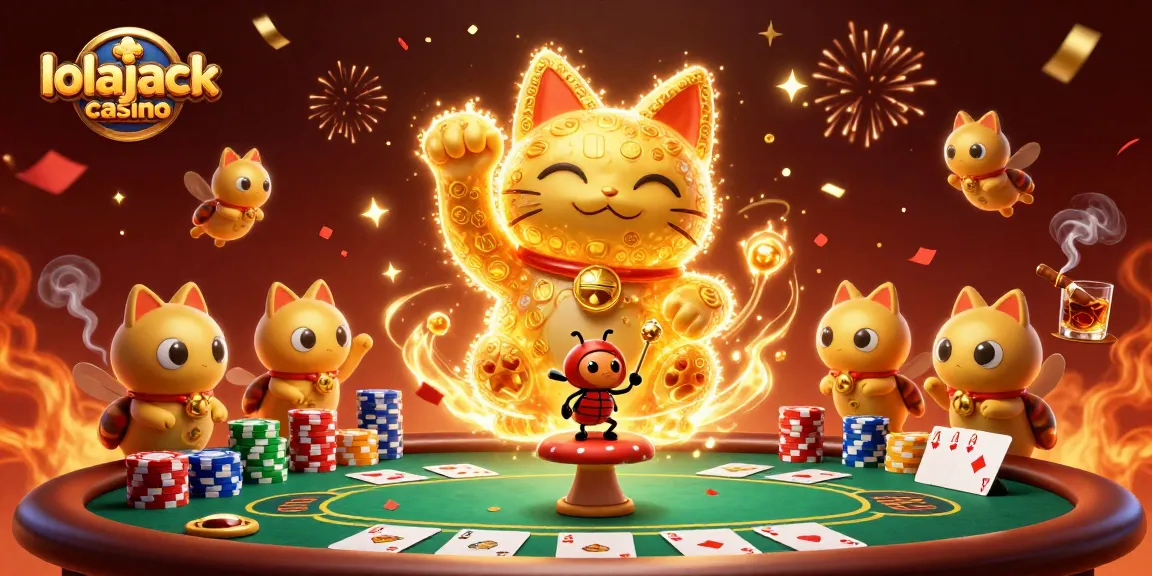Experience the thrill of lolajack casino with dynamic gaming elements and a vibrant lucky cat.